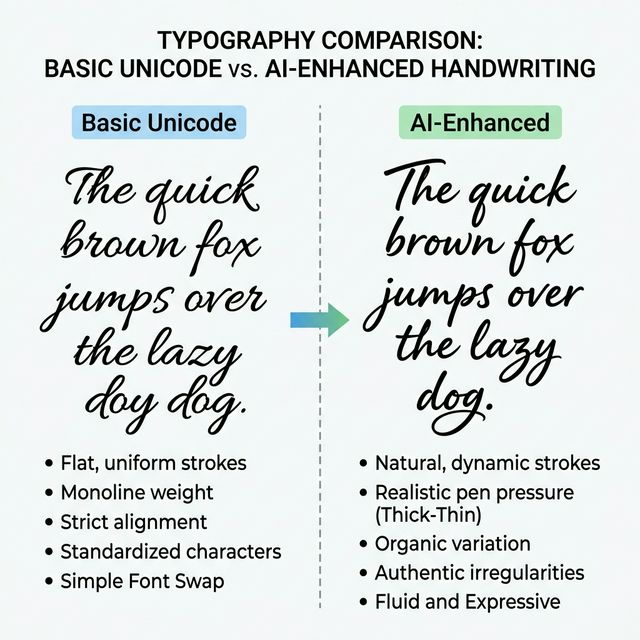 AI cursive generator comparison showing basic Unicode font swap versus AI-enhanced handwriting with natural thick-thin strokes and organic variation