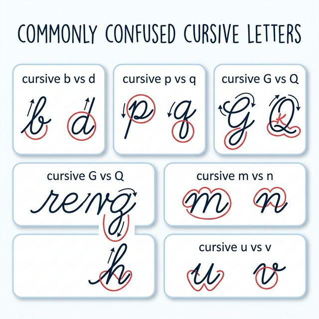 Commonly confused cursive alphabet letter pairs comparison: b vs d, p vs q, G vs Q, m vs n, and u vs v with distinguishing features circled in red