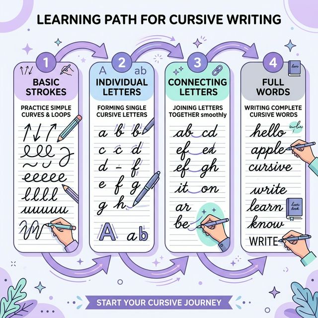 Four-step cursive alphabet learning path: Basic Strokes to Individual Letters to Connecting Letters to Full Words with visual progression