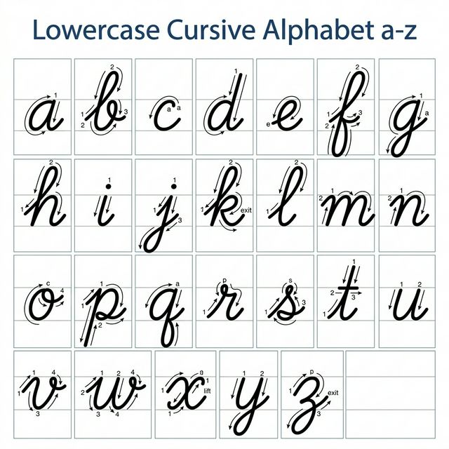 Complete lowercase cursive alphabet a through z with numbered stroke order arrows for each small letter