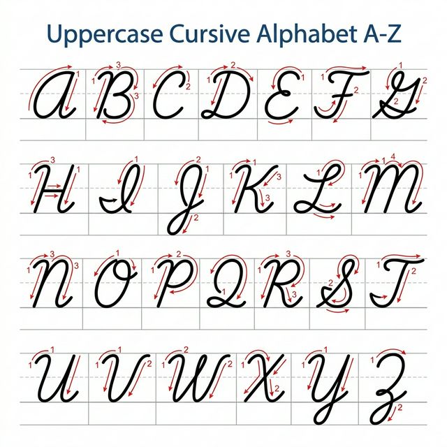 Complete uppercase cursive alphabet A through Z with numbered stroke order arrows for each capital letter