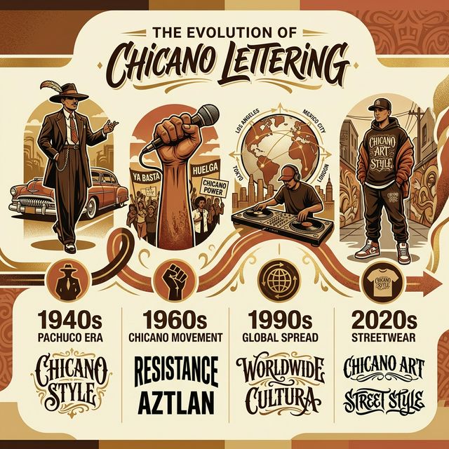 Evolution of chicano cursive font timeline from 1940s Pachuco Era through 1960s Chicano Movement to 1990s Global Spread and 2020s Streetwear adoption