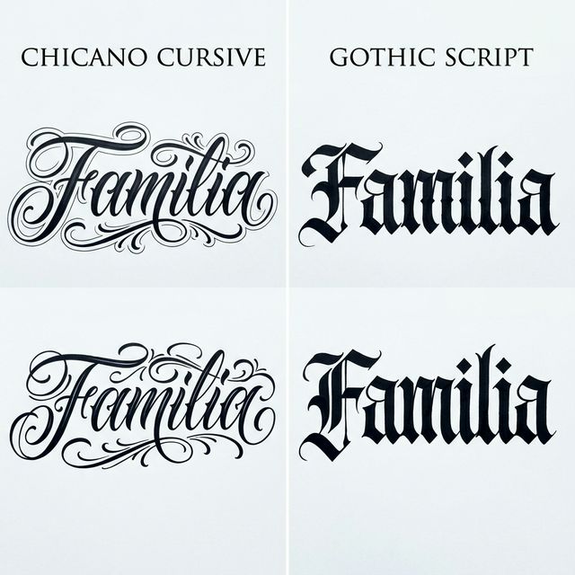 Side-by-side comparison of chicano cursive font showing flowing ornate Familia versus gothic script showing sharp angular blackletter Familia