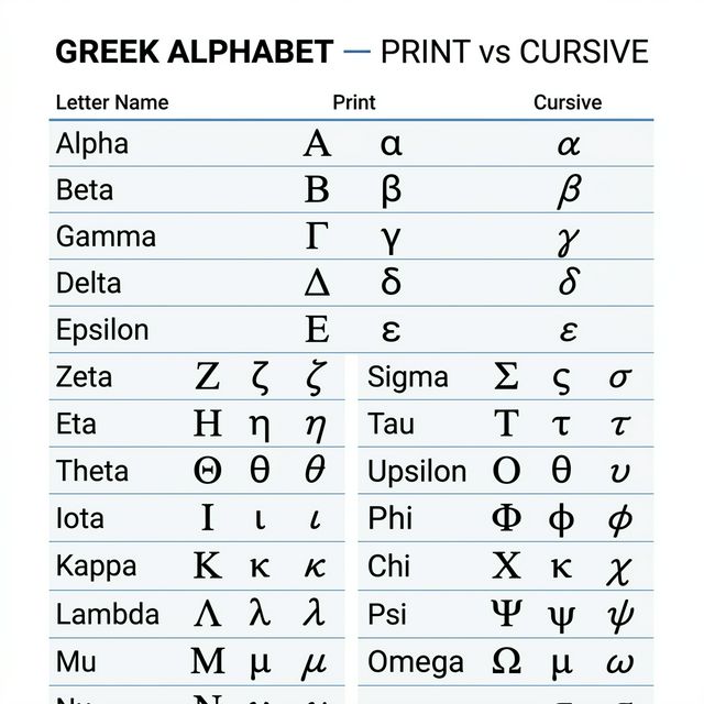 Greek cursive generator reference chart showing all 24 Greek letters from Alpha to Omega with print and cursive forms side by side