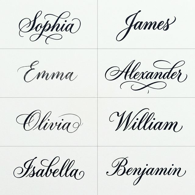 Cursive name generator showing popular names Sophia, James, Emma, Alexander, Olivia, William, Isabella, and Benjamin in elegant calligraphy script