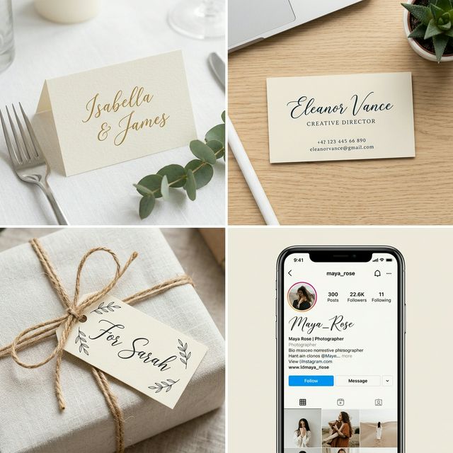 Four real-world applications of names from the cursive name generator: wedding place card, business card, gift tag, and Instagram profile
