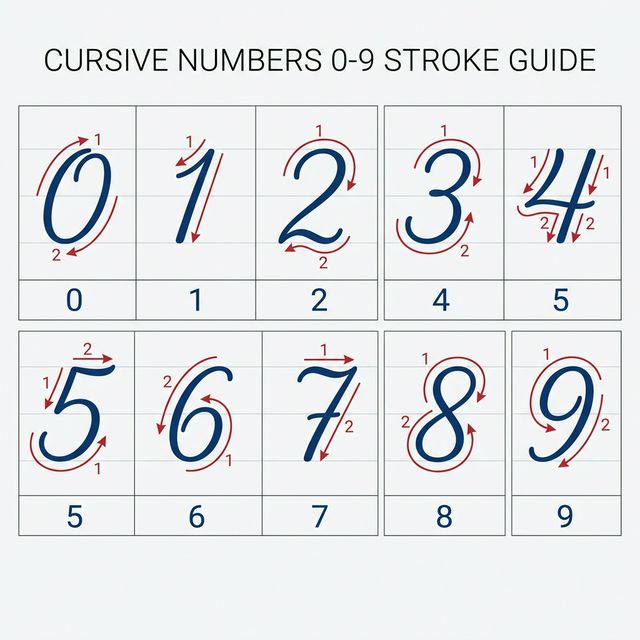 Cursive numbers 0 through 9 complete stroke order guide with numbered red arrows showing writing direction for each digit