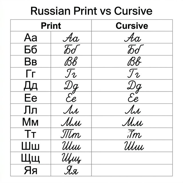 Russian cursive generator reference showing print versus cursive forms of 12 Cyrillic letters including the dramatically different т, д, г, and л