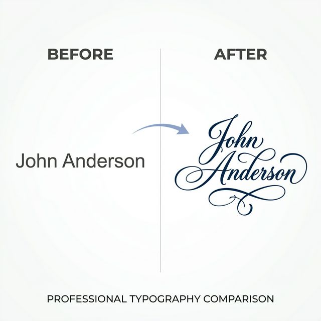Before and after comparison from the cursive signature generator: plain typed name John Anderson transformed into elegant cursive signature