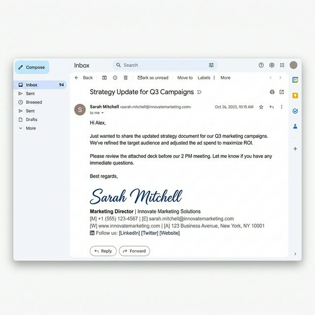 Cursive signature generator result shown in a Gmail email footer with professional signature and contact details