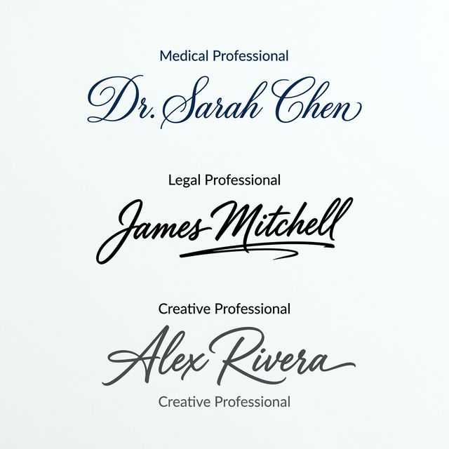 Three professional cursive signatures from the cursive signature generator: medical, legal, and creative profession styles