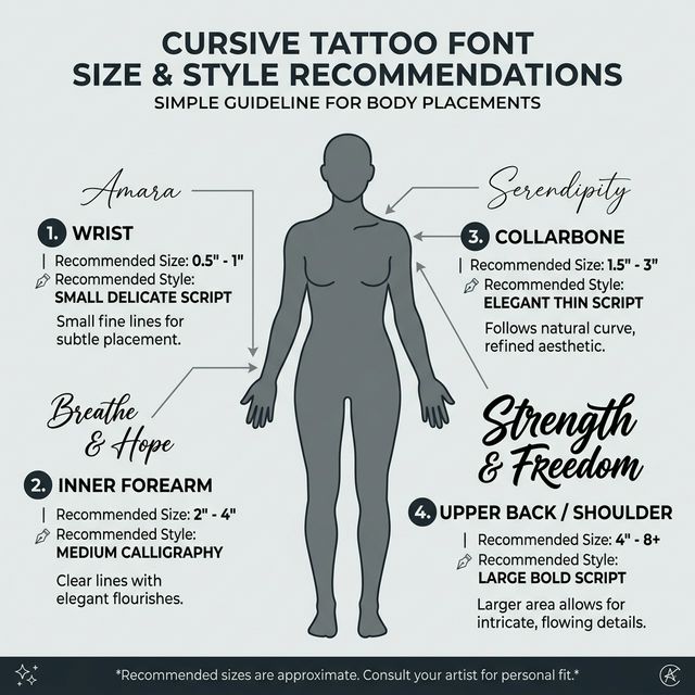 Cursive tattoo font size and style recommendations showing 4 body placements: wrist, inner forearm, collarbone, and upper back with matching font styles