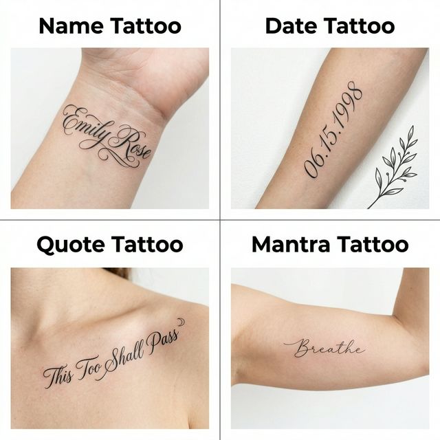 Four popular cursive tattoo font themes: Name Tattoo, Date Tattoo, Quote Tattoo, and Mantra Tattoo in different calligraphy styles