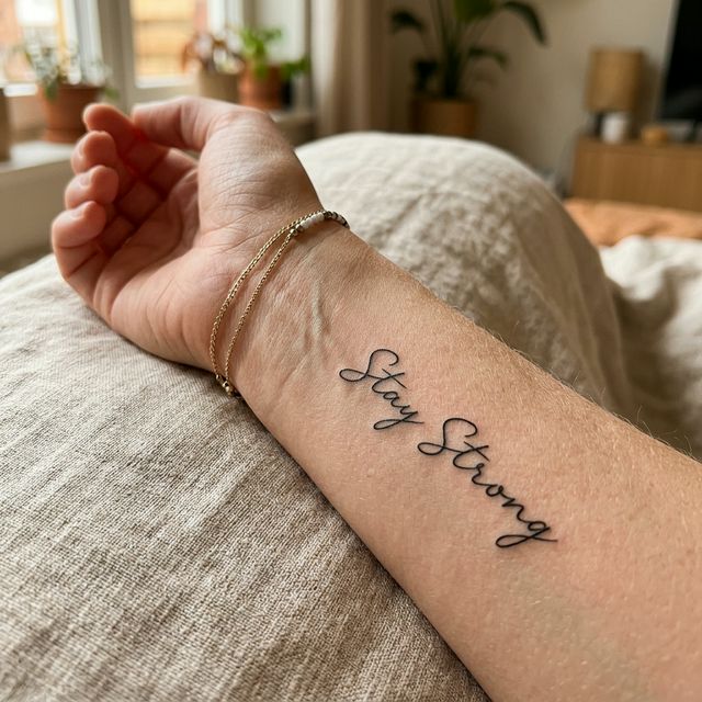 Realistic cursive tattoo font mockup showing Stay Strong in fine-line script on an inner forearm