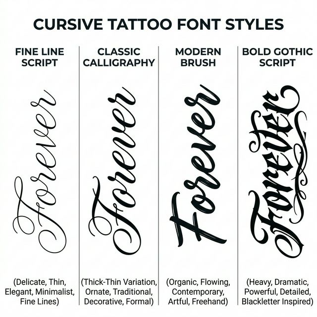 Four cursive tattoo font style categories compared: Fine Line Script, Classic Calligraphy, Modern Brush, and Bold Gothic Script each showing the word Forever