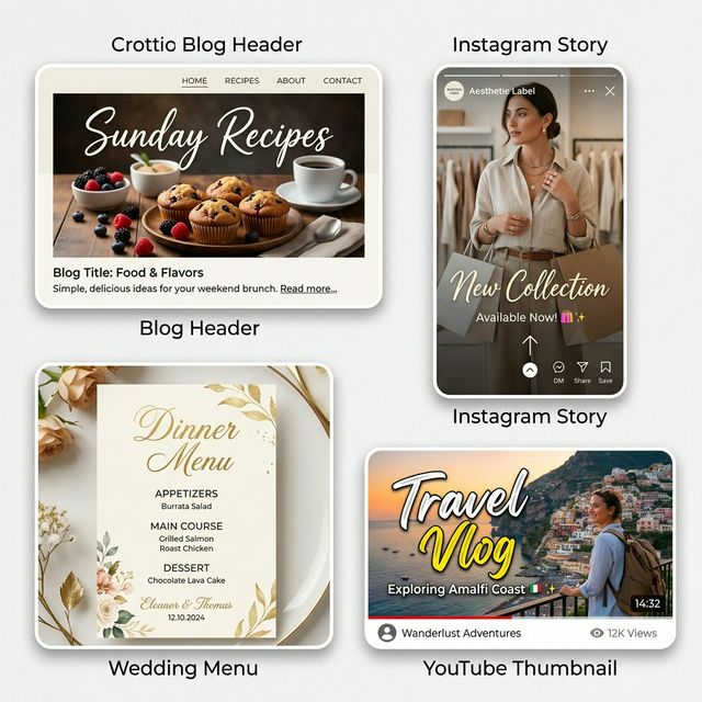 Four platform mockups showing cursive title generator results: blog header, Instagram Story, wedding menu, and YouTube thumbnail