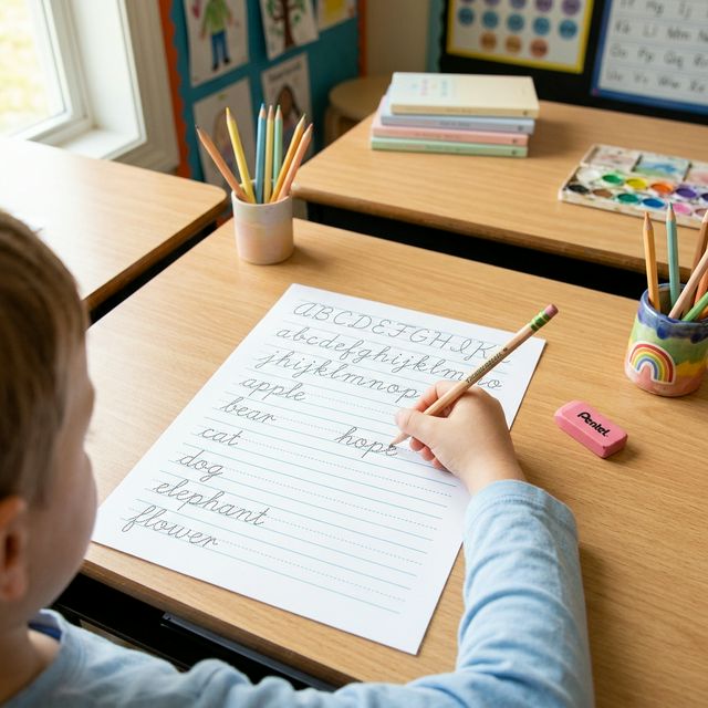 Student using a cursive worksheet generator printout to practice handwriting at a classroom desk with pencils and educational supplies