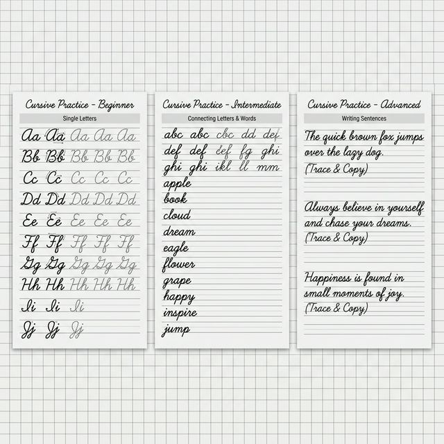 Three cursive worksheet generator examples showing beginner single letters, intermediate words, and advanced sentences on ruled practice lines